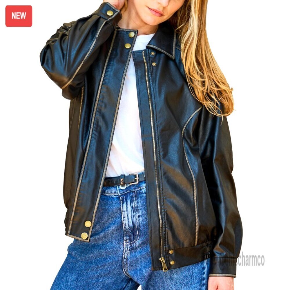 Vintage Distressed Faux Leather Oversized Bomber Jacket Motorcycle Style